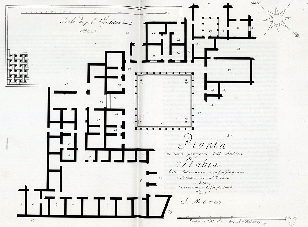 Stabiae, Villa Arianna, 1760 plan by Karl Weber.
See Ruggiero M., 1881. Degli scavi di Stabia dal 1749 al 1782, Naples, (Tav. IV).
